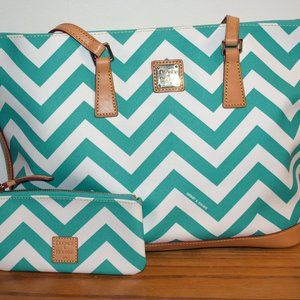 DOONEY & BOURKE Seafoam Teal Chevron Tote with Matching Wristlet